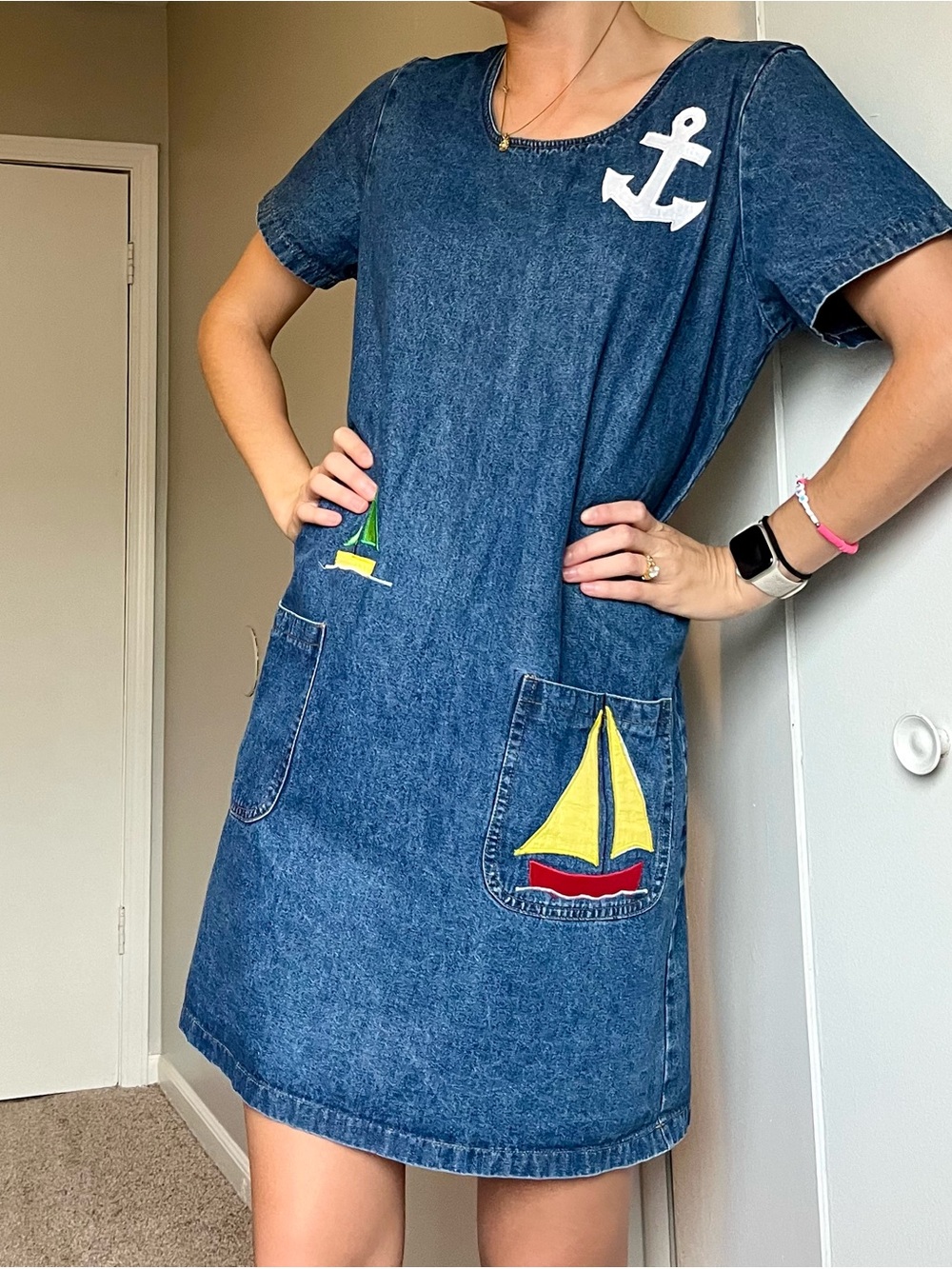 80s Denim Mini Dress with Sailboat & Anchor Size Large